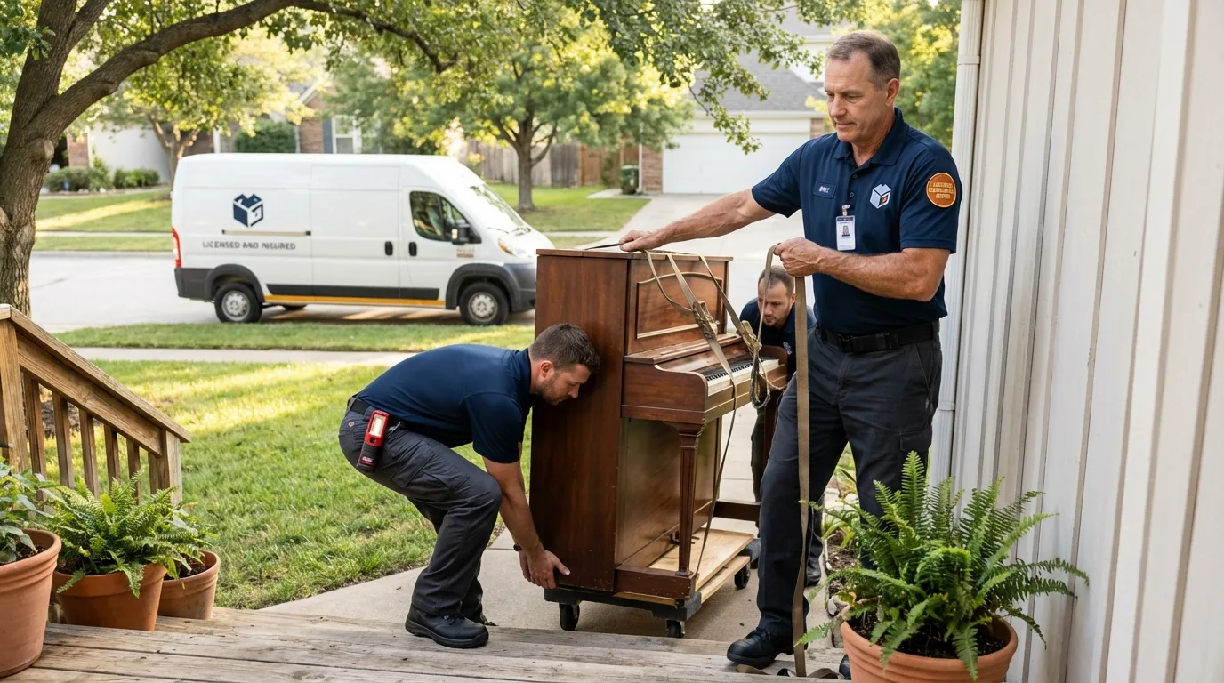 Licensed piano movers securing grand piano in Owens Cross Roads, AL