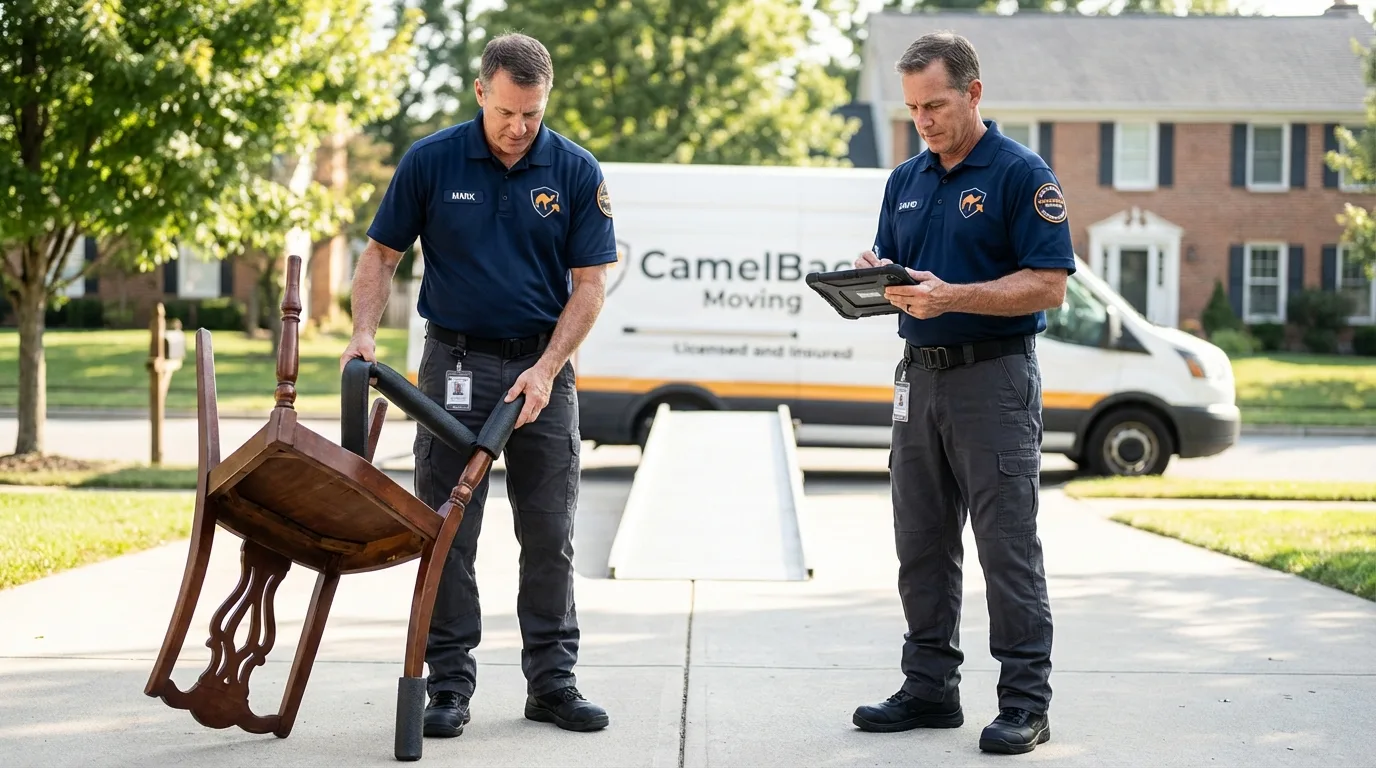 Movers inspecting furniture for damage prevention before loading in Owens Cross Roads, AL