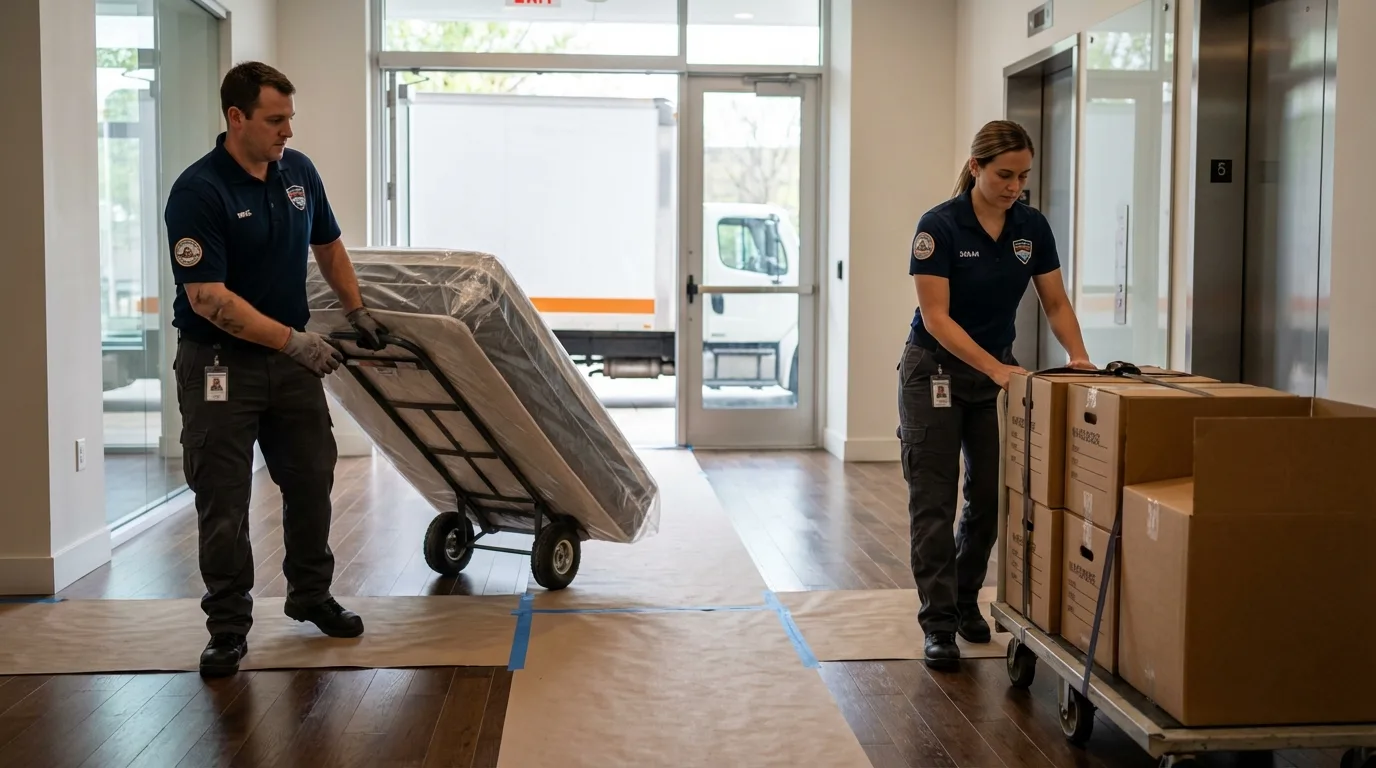 Professional apartment movers loading elevator in Owens Cross Roads, AL